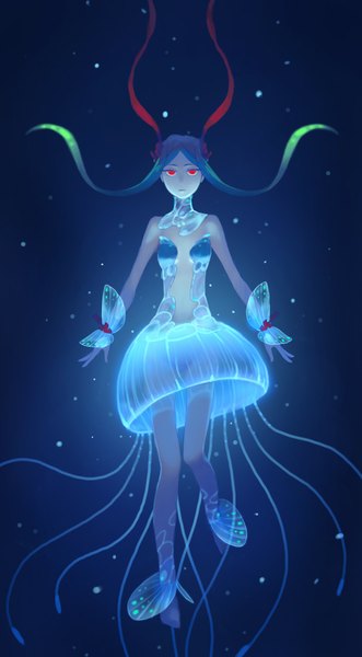 Anime picture 553x1000 with original hiko (scape) single long hair tall image looking at viewer red eyes bare shoulders multicolored hair barefoot bare legs legs dark skin glowing glowing eye (eyes) mutation girl jellyfish