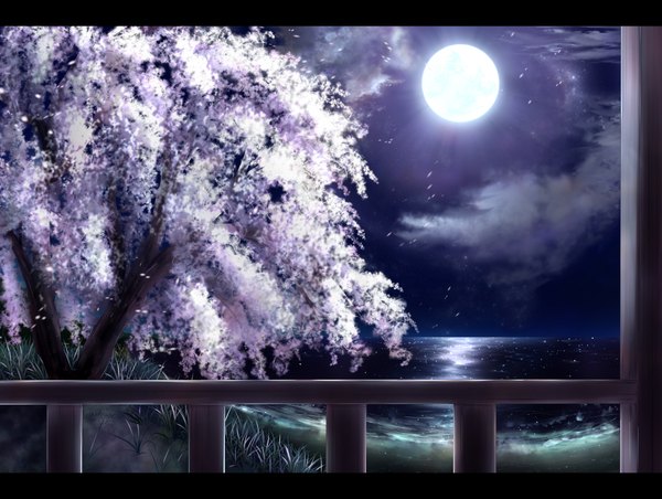 Anime picture 4373x3300 with original nagishiro mito highres absurdres cloud (clouds) night night sky landscape plant (plants) petals tree (trees) sea moon