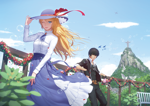Anime picture 1414x1000 with maredoro long hair short hair blue eyes black hair blonde hair brown eyes sky cloud (clouds) one eye closed wink girl dress boy flower (flowers) hat petals bubble (bubbles)
