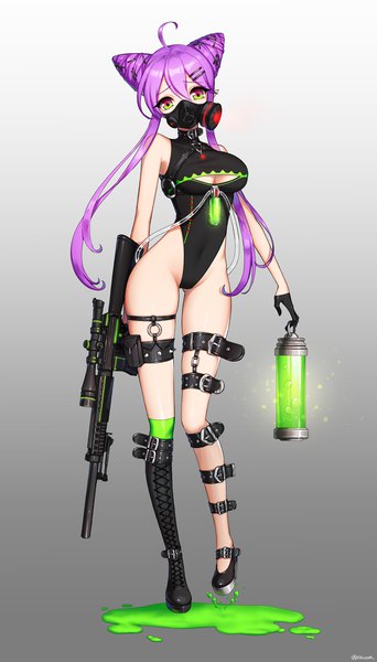Anime picture 1000x1752 with original ango single long hair tall image looking at viewer fringe light erotic simple background hair between eyes holding signed purple hair full body bent knee (knees) grey background sleeveless gradient background glowing girl