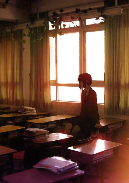 Anime picture 905x1280 with original miharu single tall image short hair black hair sitting looking away sunlight arm support lens flare classroom girl skirt uniform plant (plants) school uniform window book (books) curtains