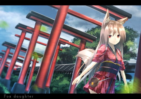 Anime picture 2000x1414 with original kagayan1096 long hair looking at viewer fringe highres blonde hair smile red eyes animal ears sky outdoors tail traditional clothes japanese clothes animal tail blurry from below fox ears text