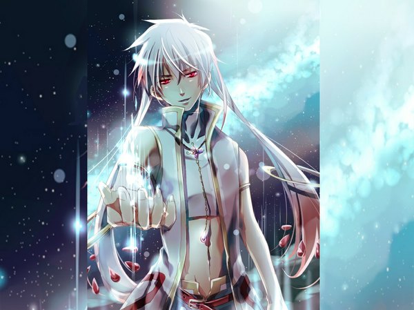 Anime picture 1067x800 with mahou shoujo madoka magica shaft (studio) kyuubee looking at viewer short hair red eyes grey hair space personification boy pendant