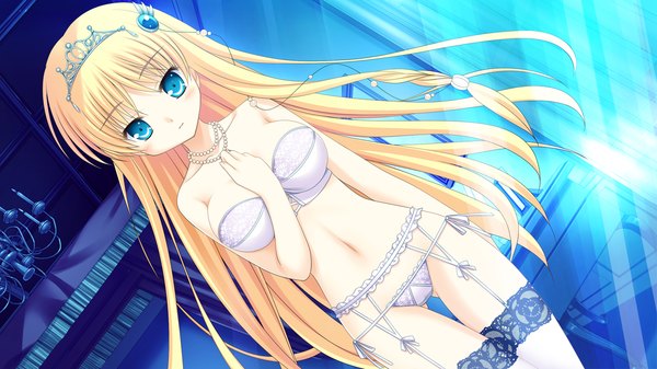 Anime picture 1280x720 with princess-style orfina von rubens yuyi single long hair blue eyes light erotic blonde hair wide image game cg dutch angle underwear only ass visible through thighs girl thighhighs navel hair ornament underwear panties white thighhighs