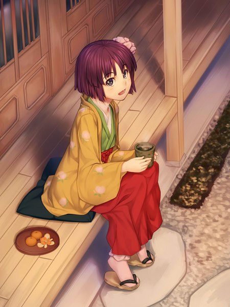 Anime picture 1200x1600 with touhou hieda no akyuu h kasei single tall image blush short hair open mouth sitting brown eyes purple hair traditional clothes japanese clothes girl