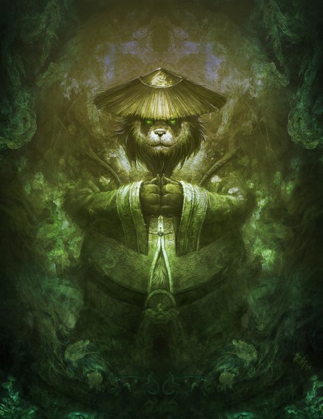 Anime picture 1105x1430 with world of warcraft blizzard entertainment pandaren r-chie (artist) single tall image looking at viewer green eyes sidewhiskers hat animal straw hat clothes beard panda