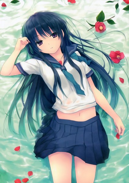 Anime picture 4925x7000 with original shiramine rika coffee-kizoku single long hair tall image looking at viewer highres black hair purple eyes absurdres lying scan on back wet clothes girl navel uniform flower (flowers) petals