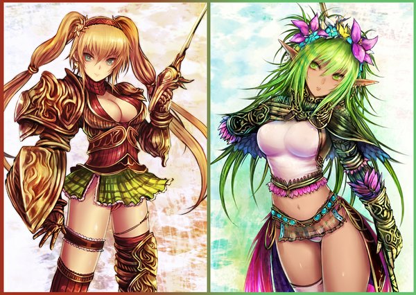 Anime picture 1000x711 with original kara (color) long hair looking at viewer breasts light erotic blonde hair twintails multiple girls green eyes cleavage green hair pointy ears midriff legs looking up elf girl thighhighs navel