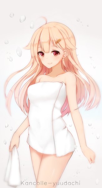 Anime picture 1080x1980 with kantai collection yuudachi destroyer hanami dango (zzldango) single long hair tall image blush light erotic simple background blonde hair smile red eyes bare shoulders looking away ahoge grey background character names naked towel remodel (kantai collection) girl