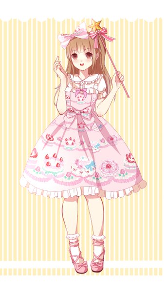 Anime picture 675x1200 with original pandako single long hair tall image blush open mouth blonde hair standing ponytail pink eyes side ponytail striped lolita fashion magical girl striped background sweet lolita girl dress bow