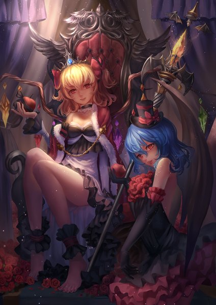 Anime picture 1500x2121 with touhou flandre scarlet remilia scarlet ttk (kirinottk) tall image looking at viewer fringe short hair blonde hair smile red eyes sitting bare shoulders multiple girls blue hair bent knee (knees) barefoot no shoes outstretched arm black wings