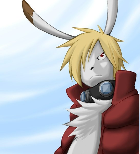 Anime picture 1277x1400 with summer wars madhouse king kazuma takemoto arashi single tall image fringe short hair blonde hair red eyes looking away upper body hair over one eye open jacket goggles around neck glasses jacket goggles bunny furry