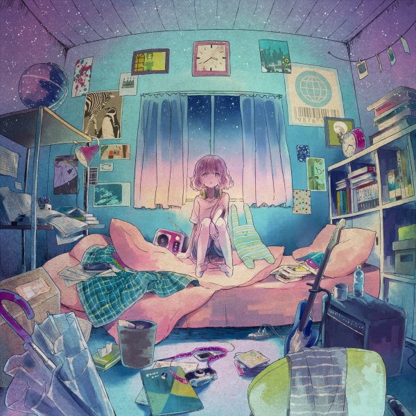 Anime picture 1200x1200 with original buuta single short hair sitting pink hair indoors pink eyes barefoot :o headphones around neck closed umbrella messy room girl shorts window headphones pillow book (books) bed