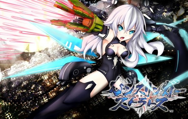 Anime picture 3944x2496 with choujigen game neptune black heart rasenmikun single long hair fringe highres breasts open mouth light erotic holding looking away absurdres white hair aqua eyes open clothes city cityscape fighting stance city lights