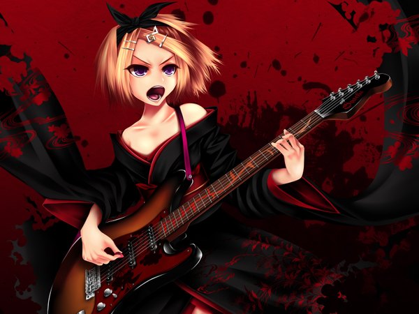Anime picture 1600x1200 with vocaloid kagamine rin tamajam single short hair open mouth blonde hair purple eyes bare shoulders wallpaper girl hair ornament hairclip bobby pin musical instrument guitar