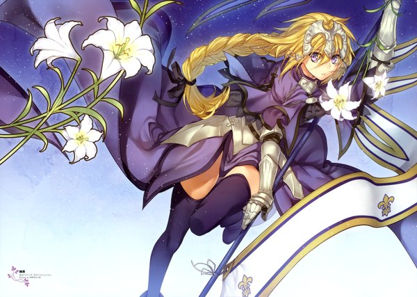 Anime picture 6040x4302 with fate (series) fate/apocrypha type-moon jeanne d'arc (fate) (all) jeanne d'arc (fate) single looking at viewer highres blonde hair purple eyes absurdres braid (braids) very long hair scan girl thighhighs dress gloves hair ornament flower (flowers)