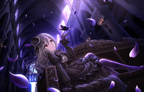 Anime picture 2560x1648 with idolmaster idolmaster cinderella girls idolmaster cinderella girls starlight stage kanzaki ranko single long hair highres red eyes full body grey hair drill hair foreshortening awaited person of fate girl dress gloves hat petals pantyhose black gloves