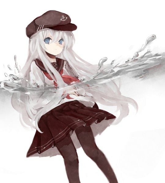 Anime picture 1800x2000 with kantai collection hibiki destroyer levi (pixiv3292496) single long hair tall image looking at viewer fringe highres blue eyes simple background hair between eyes white background pleated skirt grey hair :o shaded face girl skirt uniform