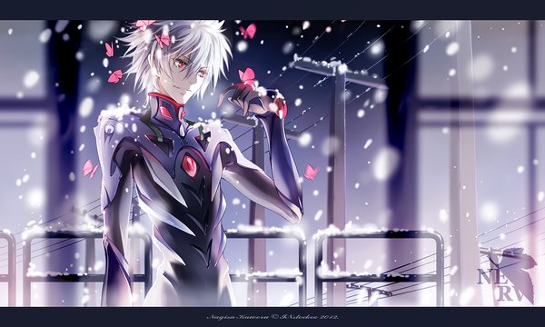 Anime picture 1500x900 with neon genesis evangelion rebuild of evangelion evangelion: 2.0 you can (not) advance gainax nagisa kaworu instockee single short hair red eyes wide image grey hair inscription snowing letterboxed winter snow exhalation revision boy insect