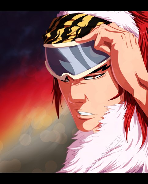Anime picture 950x1179 with bleach studio pierrot abarai renji sensational-x single long hair tall image brown eyes red hair grin coloring close-up angry boy fur goggles bandana