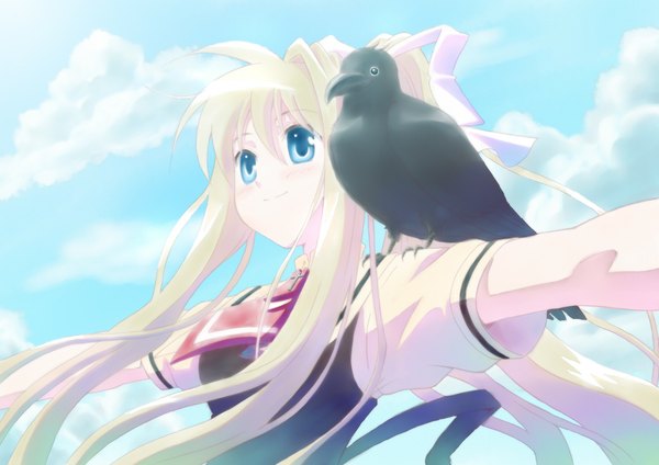 Anime picture 1169x827 with air key (studio) kamio misuzu sora spread arms girl animal bird (birds)