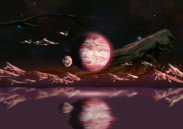 Anime picture 1754x1240 with original tama usagi (artist) highres sky cloud (clouds) reflection mountain landscape space water star (stars) monster planet