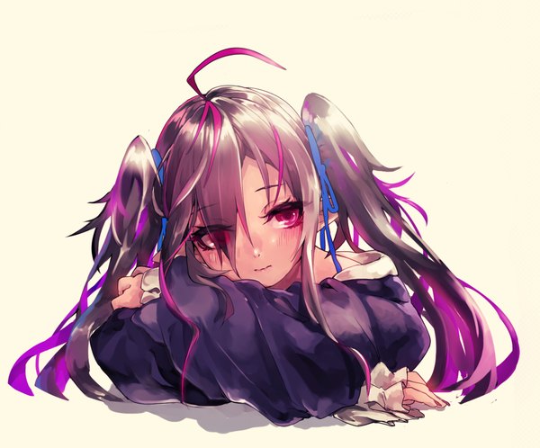 Anime picture 1662x1380 with original maido mido single long hair blush fringe black hair simple background hair between eyes twintails looking away ahoge head tilt pink eyes crossed arms expressionless hair over eyes girl ribbon (ribbons) hair ribbon