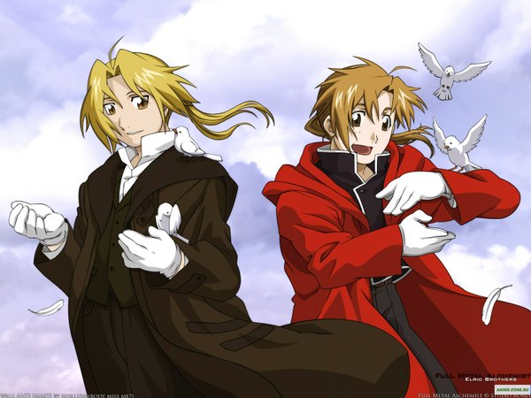 Anime picture 1600x1200 with fullmetal alchemist studio bones edward elric alphonse elric long hair open mouth blonde hair smile yellow eyes sky cloud (clouds) wind animal white gloves bird (birds) feather (feathers)