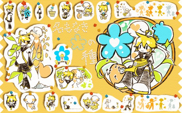 Anime picture 1280x800 with vocaloid kagamine len hashimochi short hair blonde hair wide image chibi l l boy flower (flowers) detached sleeves fruit banana