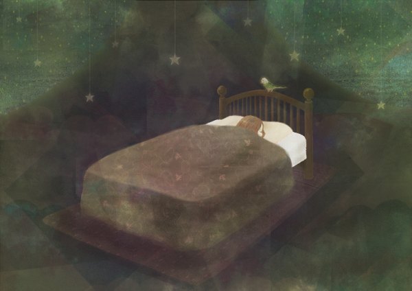 Anime picture 1240x877 with original sugya (artist) brown hair sleeping girl bed star (stars) child (children) blanket