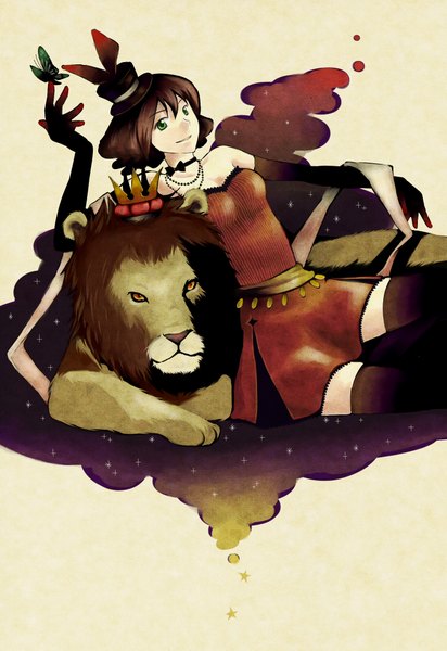 Anime picture 1460x2122 with original shigatsuya (artist) tall image highres smile brown hair green eyes girl thighhighs dress gloves animal elbow gloves insect butterfly jewelry crown top hat lion