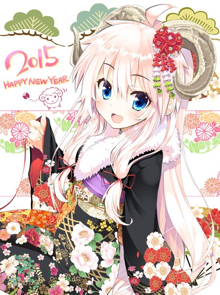 Anime picture 800x1072 with original inuzumi masaki single tall image looking at viewer blush open mouth blue eyes smile pink hair ahoge very long hair traditional clothes japanese clothes horn (horns) aqua eyes fur trim new year happy new year 2015