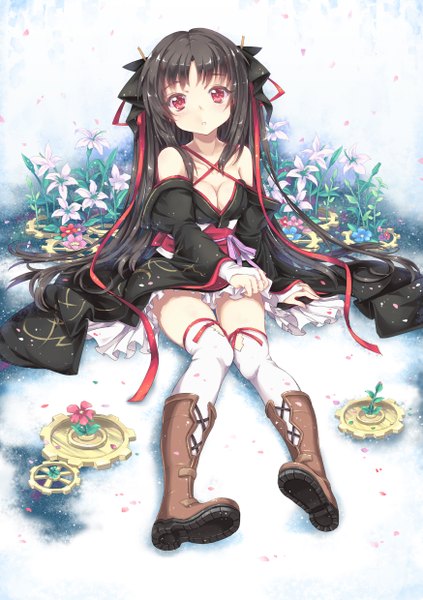 Anime picture 1748x2480 with machine-doll wa kizutsukanai yaya (machine-doll) north abyssor single long hair tall image looking at viewer highres light erotic black hair red eyes twintails traditional clothes japanese clothes girl thighhighs bow ribbon (ribbons) hair bow petals