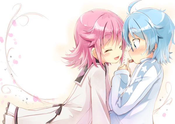 Anime picture 1062x752 with houkago no pleiades subaru (houkago no pleiades) aoi (houkago no pleiades) hirose madoka blush short hair open mouth blue eyes smile multiple girls holding blue hair pink hair ahoge eyes closed profile mouth hold face to face girl skirt