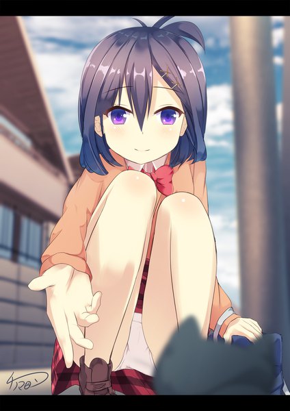 Anime picture 1414x2000 with gabriel dropout doga kobo tsukinose vignette april chinomaron single tall image looking at viewer fringe short hair light erotic smile hair between eyes purple eyes signed sky purple hair cloud (clouds) ahoge depth of field plaid skirt