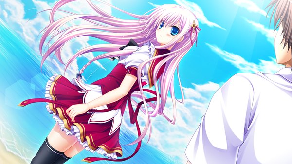 Anime picture 1024x576 with fortuna rhapsody long hair blue eyes wide image pink hair game cg braid (braids) beach girl thighhighs boy uniform hair ornament black thighhighs school uniform