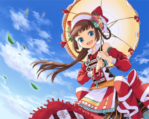 Anime picture 1253x1004 with original kaya8 open mouth blue eyes brown hair sky cloud (clouds) hair flower girl hair ornament flower (flowers) bow headdress umbrella apron