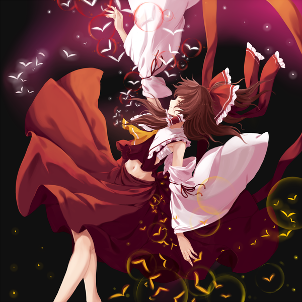 Anime picture 1200x1200 with touhou hakurei reimu yingji (zszero) single long hair brown hair brown eyes midriff miko girl skirt navel bow hair bow detached sleeves skirt set red skirt