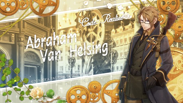 Anime picture 1920x1080 with code: realize ~sousei no himegimi~ abraham van helsing miko (artist) single fringe highres short hair hair between eyes brown hair wide image standing purple eyes looking away long sleeves light smile official art wallpaper copyright name character names piercing