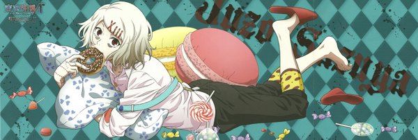 Anime picture 6596x2230 with tokyo ghoul studio pierrot suzuya juuzou single looking at viewer fringe highres short hair smile red eyes wide image absurdres full body scan official art character names hug eyebrows boy shirt