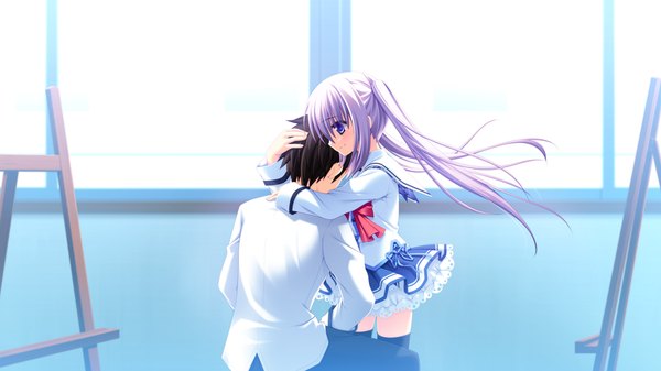 Anime picture 1024x576 with strawberry nauts kusunoki yao matsushita makako long hair blue eyes black hair wide image twintails game cg purple hair loli couple girl boy uniform school uniform