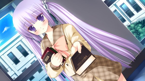 Anime picture 1920x1080 with hyper highspeed genius shunju utako long hair blush highres wide image twintails purple eyes game cg purple hair loli girl serafuku book (books)