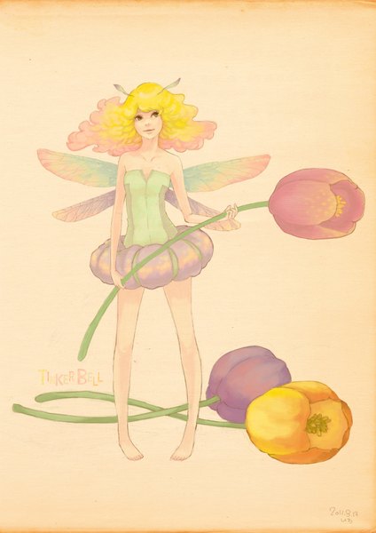 Anime picture 1288x1822 with peter pan tinkerbell (character) long hair tall image open mouth simple background blonde hair standing bare shoulders holding green eyes looking away pink hair multicolored hair barefoot light smile two-tone hair no shoes sleeveless wavy hair