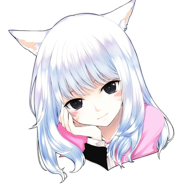 Anime picture 1100x1100 with original umxzo single long hair looking at viewer simple background white background animal ears white hair black eyes cat ears chin rest girl blouse