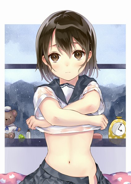 Anime picture 800x1129 with original hanekoto single tall image looking at viewer blush fringe short hair light erotic black hair brown eyes indoors open clothes bare belly wet plaid skirt undressing wet clothes open skirt girl