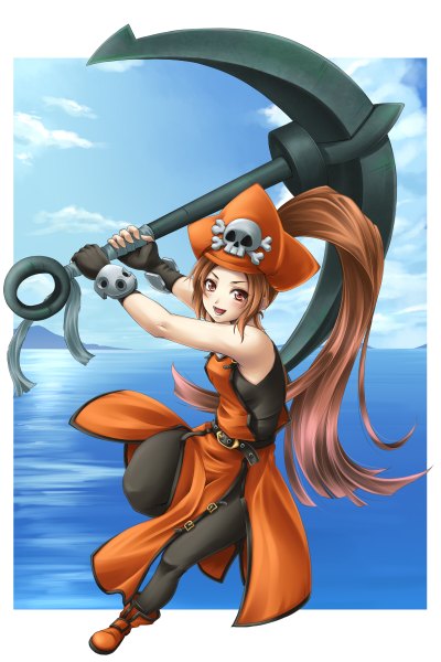 Anime picture 800x1200 with guilty gear may (guilty gear) mochi.f single long hair tall image brown hair brown eyes ponytail border outside border skull and crossbones pirate girl gloves water fingerless gloves anchor pirate hat