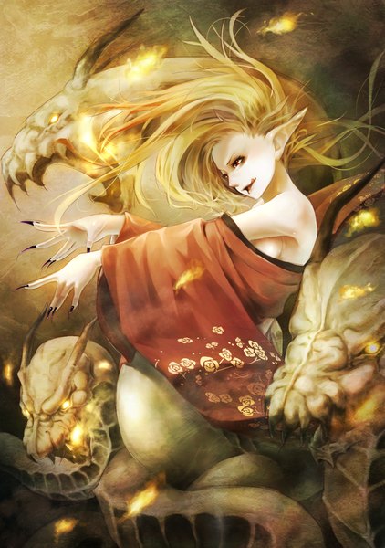 Anime picture 915x1300 with romancing saga romancing saga 3 byunei akaikitsune single long hair tall image fringe open mouth blonde hair standing bare shoulders looking away nail polish traditional clothes profile fingernails lips pointy ears glowing