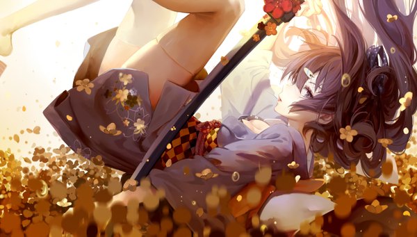 Anime picture 1300x739 with benghuai xueyuan honkai (series) raiden mei cici single long hair open mouth blue eyes black hair wide image traditional clothes japanese clothes profile girl thighhighs flower (flowers) weapon petals white thighhighs sword
