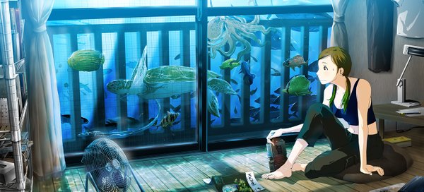 Anime picture 1375x625 with original 71 single long hair brown hair wide image sitting twintails bare shoulders brown eyes barefoot sleeveless short twintails underwater girl navel water window pillow book (books)