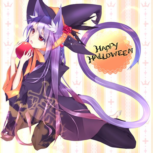Anime picture 1000x1000 with original kawasaki toiro single long hair looking at viewer open mouth red eyes animal ears purple hair tail animal tail cat ears cat girl cat tail halloween witch happy halloween girl hat witch hat
